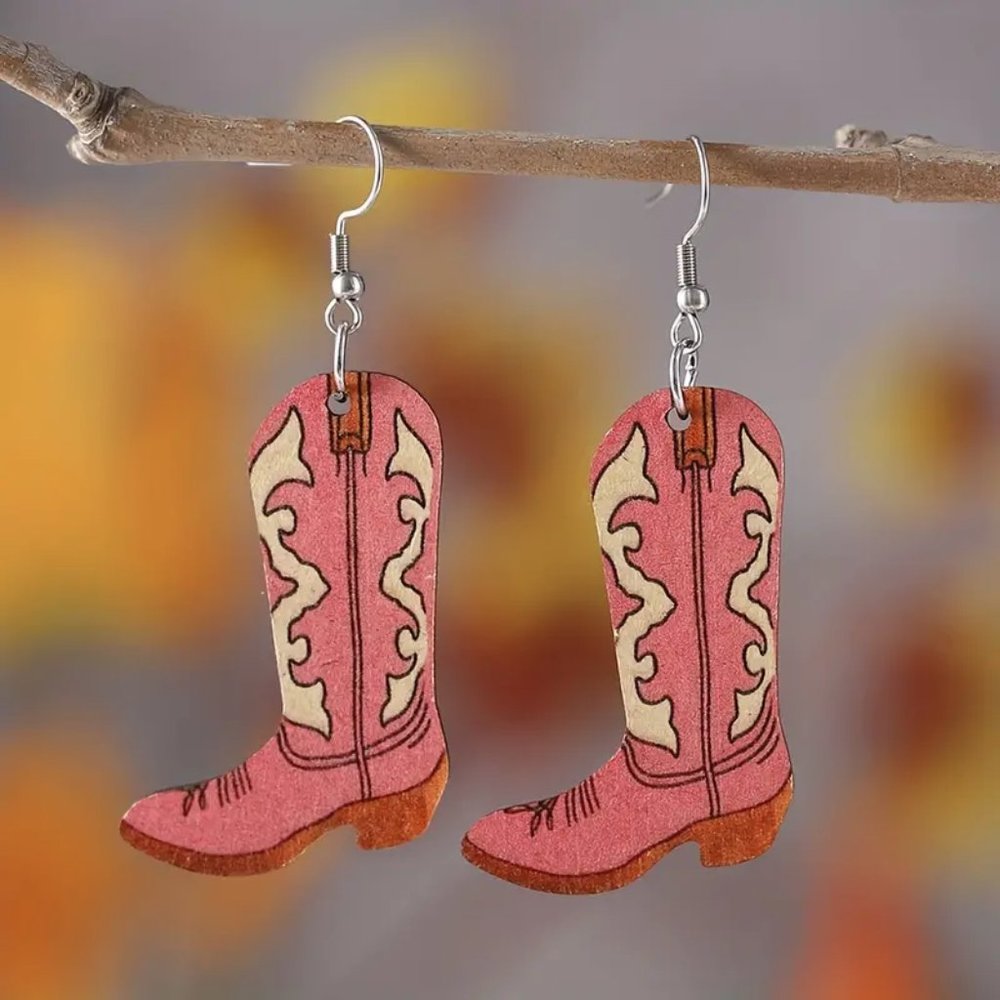 Vintage Style Cowboy Boots Pendant Drop Hook Earrings